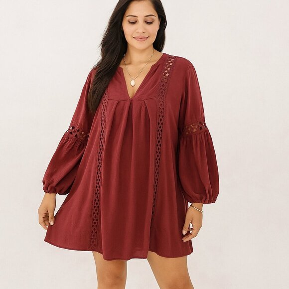 Collegiate Outfitters Maroon baby Doll Tunic Dress Long Sleeved Size Large - Picture 1 of 5